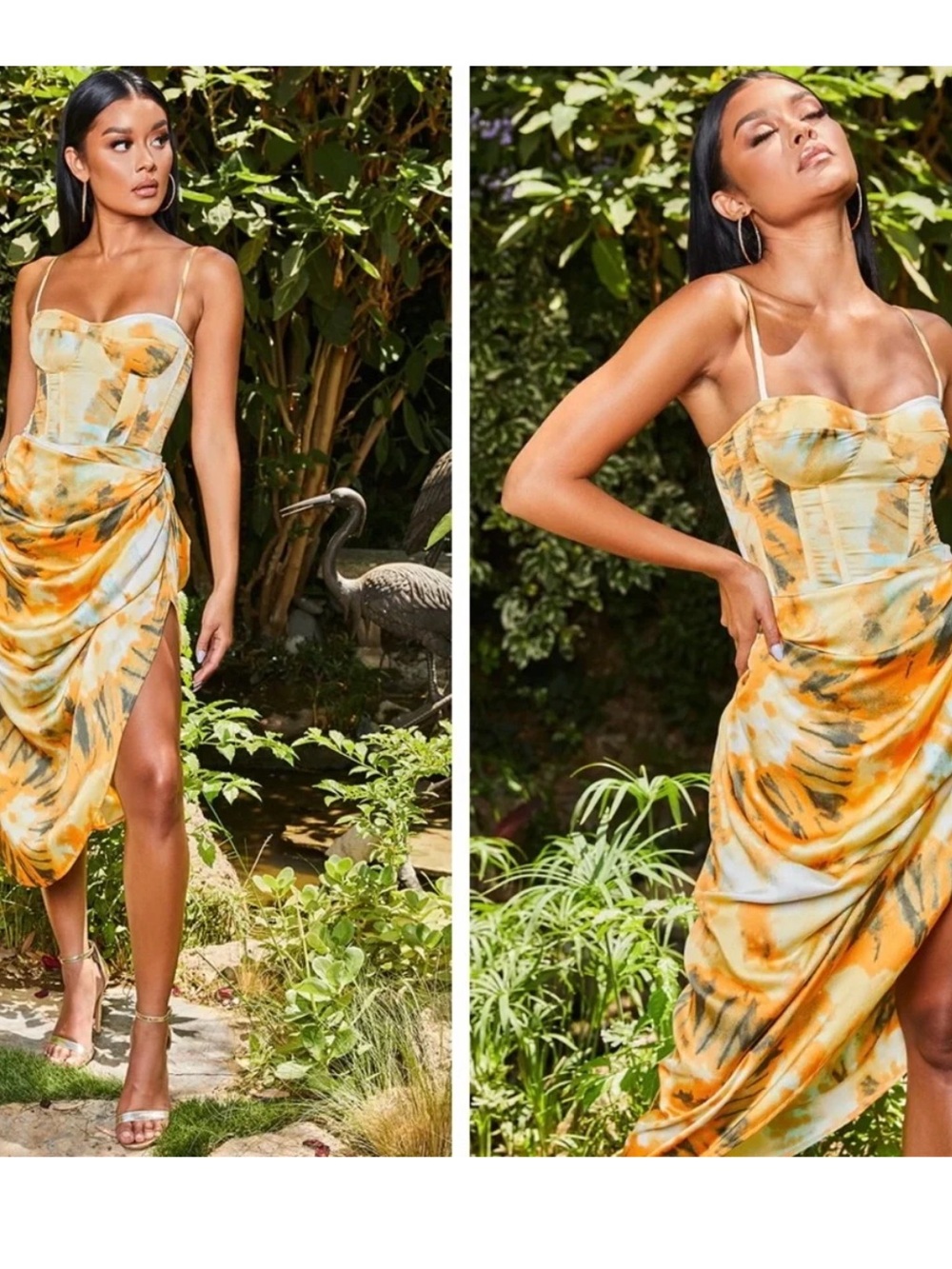 PrettyLittleThing Yellow & Orange Tie-Dye Draped Bustier Midi Dress
